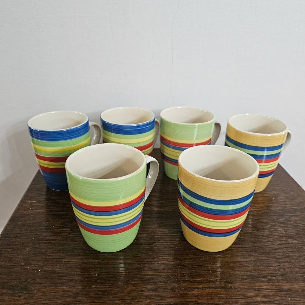 Brylane Home Kitchen Striped Coffee Mugs Set of 6 Multicolor Stoneware 4.5in
